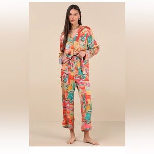 Early Night Orange Multi Print Satin
Two-Piece Pajama Set